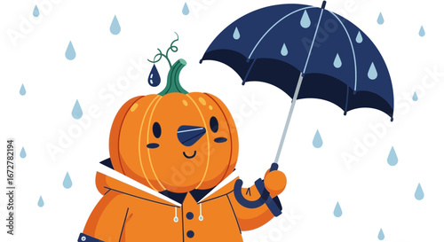 Cheerful Halloween Pumpkin Character Standing In The Rain Beneath An Umbrella