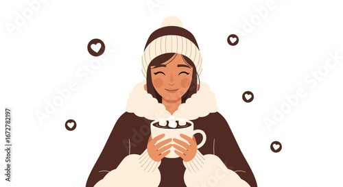 Warm Winter Beverages Of A Woman Holding A Cup Of Cocoa With Marshmallows Drawn