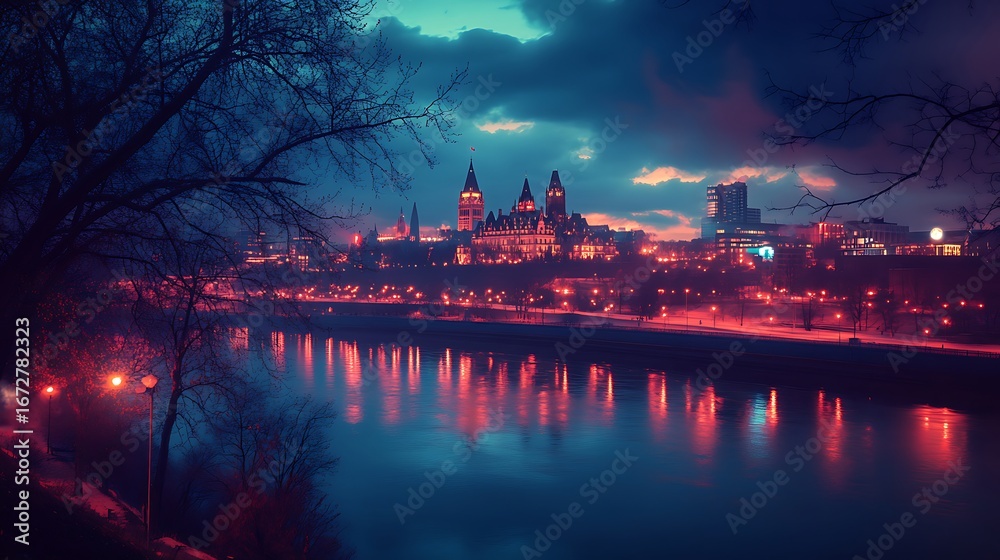 Fototapeta premium Stunning wet street reflecting parliament lights high resolution picture