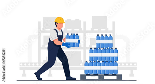 Water Delivery Processing With Worker Handling Bottled Water For Industrial Distribution