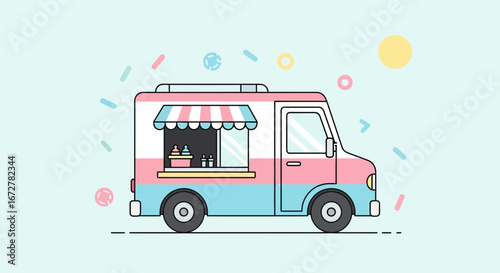 Cheerful Illustration Of An Ice Cream Truck With Playful Pastel Colors And Sweet Details