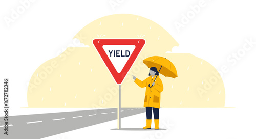 Weathered Individual Observing Yield Sign During Stormy Conditions On The Roadway