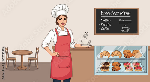 Welcoming Chef Presenting Breakfast Delights at a Charming Cozy Cafe Interior Scene