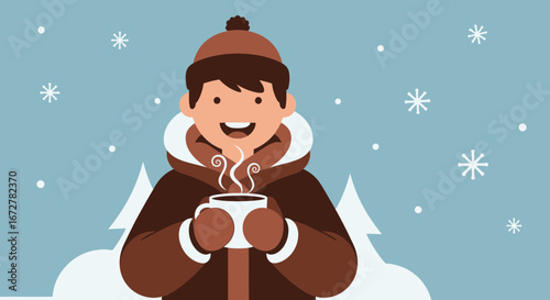Cheerful Individual Embracing Winter Ambiance and Enjoying a Warm Beverage Outdoors
