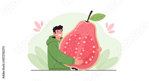 Cheerful Individual embracing a Giant Guava fruit: Joyful depiction of nature's bounty