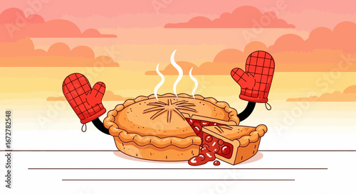 Whimsical Baked Pie Presenting Itself With Oven Mitt Hands Against Sunrise Background