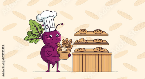 Whimsical Beetroot Baker Carries Basket of Loaves in Bakery Scene with Bread Display