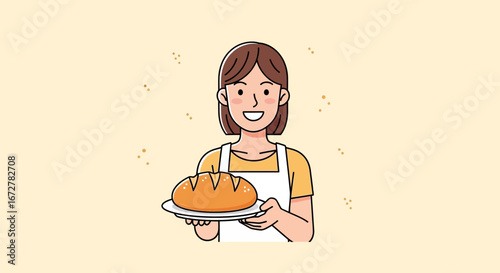 Cheerful Lady Presents Freshly Baked Bread, Smiling with Culinary Delight and Joy