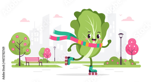 Cheerful Leaf Character Enjoying Roller Skating Fun in Animated Urban Park Scene