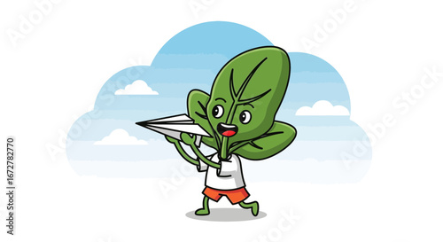 Cheerful Leaf Character Launching A Paper Airplane Against Sky Background