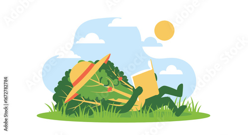 Whimsical Broccoli Character Enjoying Leisurely Reading Outdoors Under Sunny Skies
