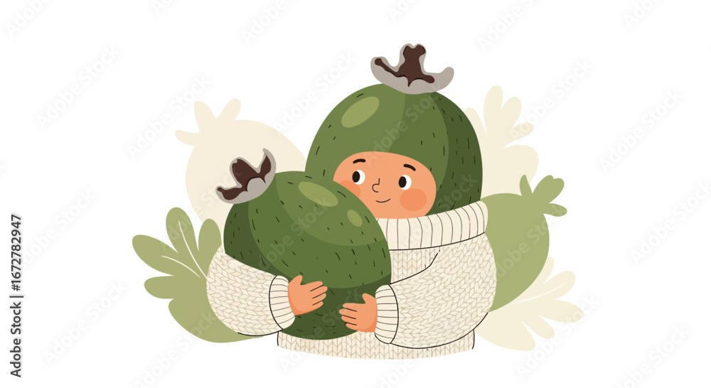 Obraz premium Whimsical Child Embracing Oversized Green Fruit: A Joyful and Playful Illustration