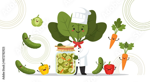 Whimsical Chef Surrounded By Smiling Pickled Vegetables And Fresh Carrots