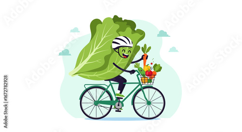 Cheerful Lettuce Character Cycles Along, Delivering Fresh Produce in a Delightful Scene