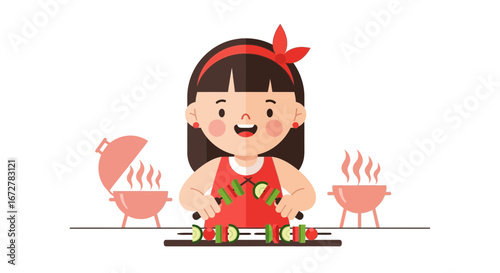 Cheerful Little Girl Preparing Fresh Grilled Skewers on a Sunny Summer Day