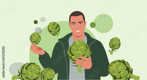 Cheerful Male Farmer Displaying Artichokes, Highlighting Fresh Produce and Culinary Delights