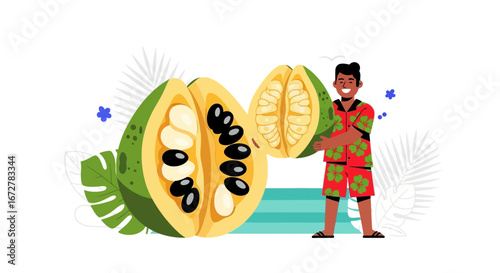 Cheerful Man Showcasing Exotic Fruit Halves For Tropical Summer Celebration Concept