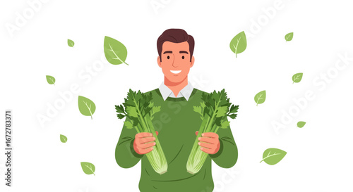 Cheerful Man Presenting Fresh Celery Stalks, Healthy Eating, Green Lifestyle, And Wellness