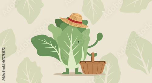 Whimsical Green Leaf Character With Basket And Hat Amongst Botanical Foliage