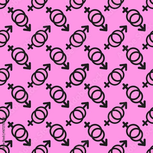 Seamless male and female symbol pattern on pink background. Modern gender icon design for wallpaper, textile, wrapping, and decoration.