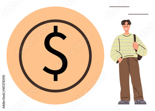 Smiling young man in casual attire carrying shoulder bag stands near a large orange dollar sign. Ideal for themes of finance, budget, savings, investment, youth, economy, simplicity. Flat metaphor