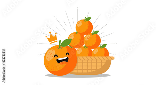 Cheerful Orange Mascot with Basket and Crown: A Delightful Fruity Composition