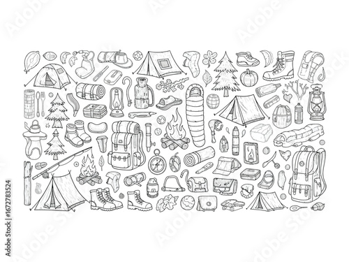 Camping Adventure Sketch: A detailed sketch showcases various camping equipment and elements, from tents and backpacks to campfires and hiking boots.