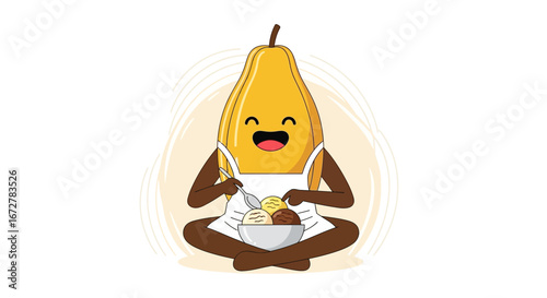 Cheerful Papaya Character Enjoying Ice Cream Dessert Smiling With Happiness, A Happy Day