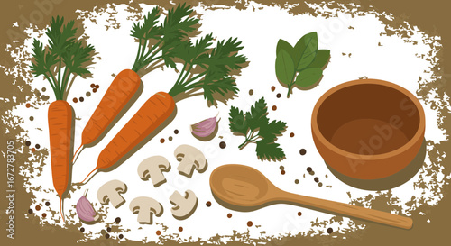 Vector illustration of Cozy flat lay of homemade soup ingredients and utensils