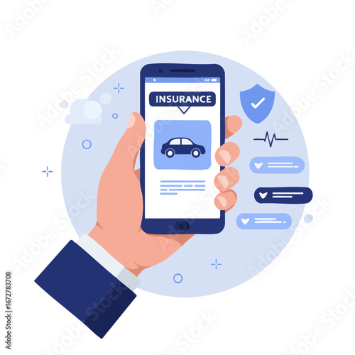 Vector illustration of Digital car insurance concept with mobile app and vehicle icon