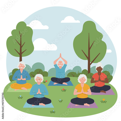 Vector illustration of Group of diverse seniors participating in community yoga class