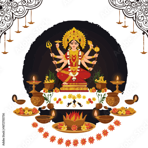 Vector illustration of Elegant arrangement of Navaratri altar with goddess statue and offerings