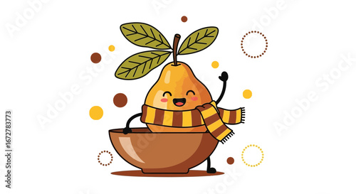 Cheerful Pear Character With Scarf And Bowl, Smiling, Happy, Fun And Cute Illustration
