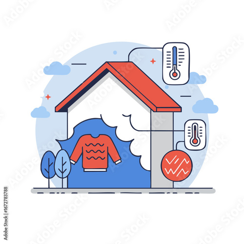 Vector illustration of Energy efficiency concept with insulated home and heating icon