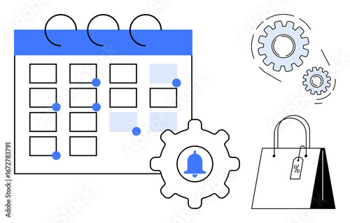 Calendar with marked dates, gear with notification bell, shopping bag with discount tag, and additional gears. Ideal for planning, scheduling, task automation, commerce, time management marketing