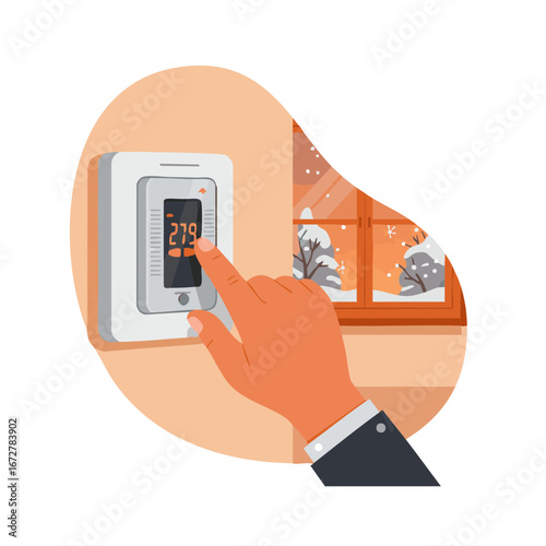 Vector illustration of Person adjusting home thermostat for winter heating