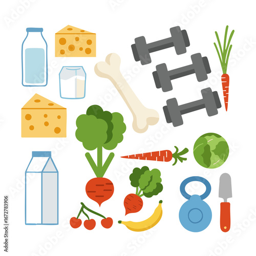 Vector illustration of Prevention concept with calcium-rich foods and weight-bearing exercise