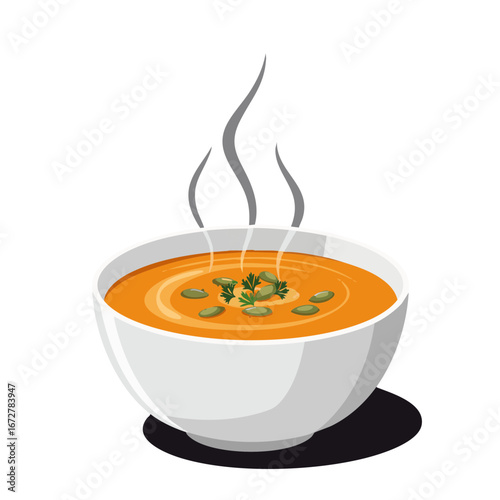Vector illustration of Steaming bowl of pumpkin soup with herbs and seeds