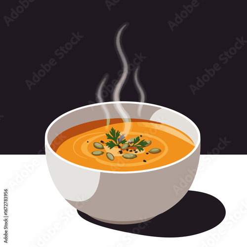 Vector illustration of Steaming bowl of pumpkin soup with herbs and seeds