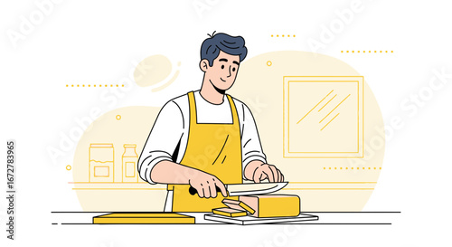 Cheerful Person Cutting Food On Wooden Board in Kitchen Preparation Process Illustration