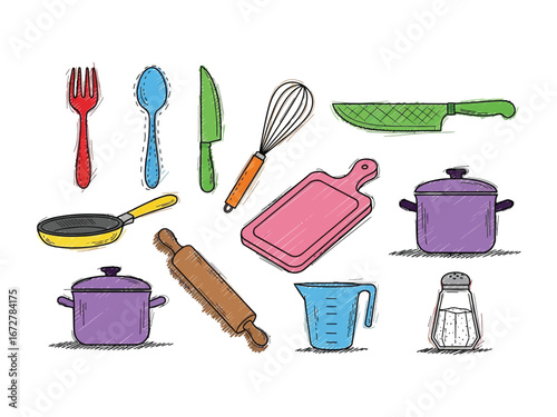 Kitchen Utensil Illustration: A vibrant and detailed illustration of various kitchen tools, perfect for culinary enthusiasts and food-related projects, offering a colorful visual feast.