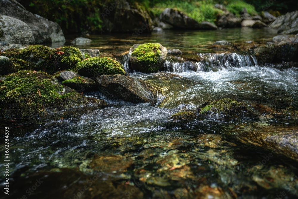 Fototapeta premium Close up of a mountain stream with clear water cascading over mossy stones