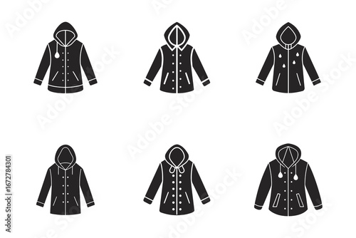 Diverse Raincoat Collection Black and White Icons Showing Various Styles of Waterproof Outerwear for Weather Protection and Fashion