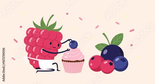 Whimsical Raspberry Pastry Chef With Blueberry, Cupcake Decorating, And Dessert
