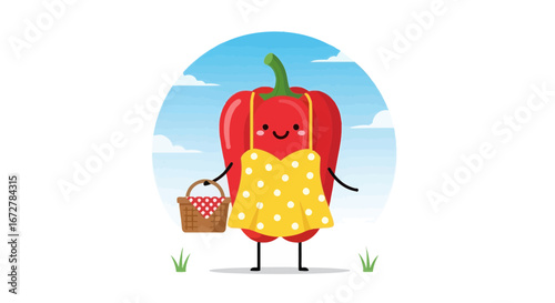 Whimsical Red Pepper Embodies Delightful Charm with Picnic Basket Under Open Skies