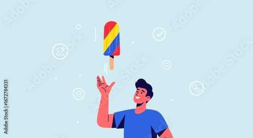 Cheerful Person Juggling A Frozen Treat On A Light Blue Background Perfectly Illustrated