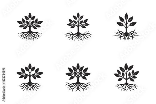 Diverse Tree of Life Silhouette Set for Environmental Awareness and Growth Concepts with Varied Root and Leaf Styles