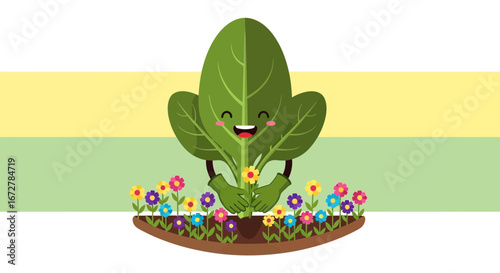 Cheerful Plant Character Surrounded By Colorful Flowers, Gardening in Joyful Harmony