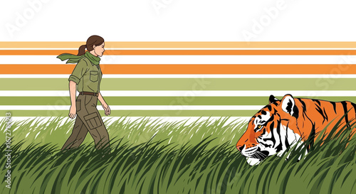 Wildlife Encounter: A Brave Explorer's Journey Through the Lush Green Fields With a Beautiful Tiger