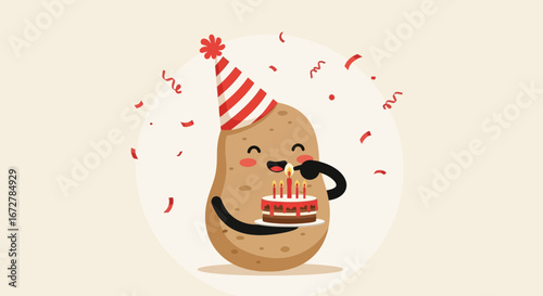 Cheerful Potato Celebrating With Cake And Confetti In A Playful And Fun Illustration